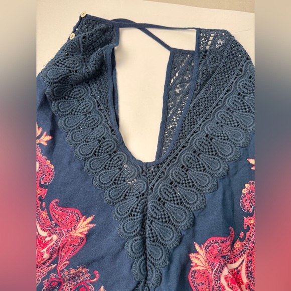 Free People Shea Printed Mini Dress Small Pink Blue Paisley Crochet Lace Boho - Picture 7 of 12